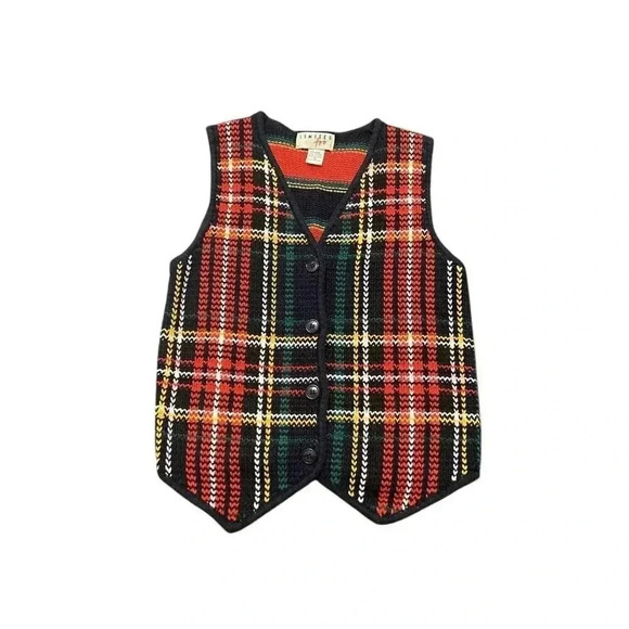 VTG Limited Too Girls 90s Plaid Striped Vest Button Front Size 16 Red Navy Green - Picture 1 of 7